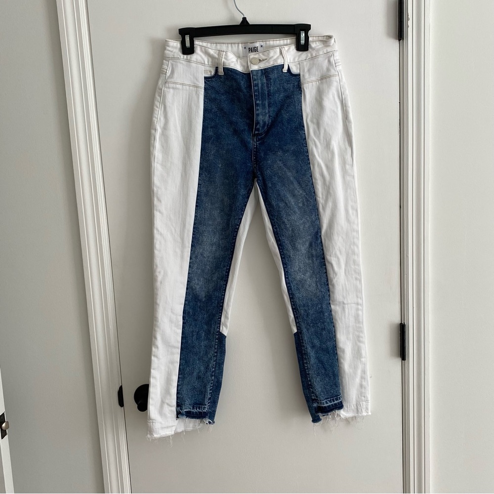 PAIGE White and Blue Two Tone Hoxton High Rise Straight Leg Ankle Jean